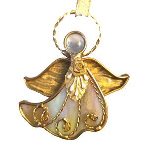 Stained Glass White Ange Ornament with Gold Hanging Ribbon Suncatcher